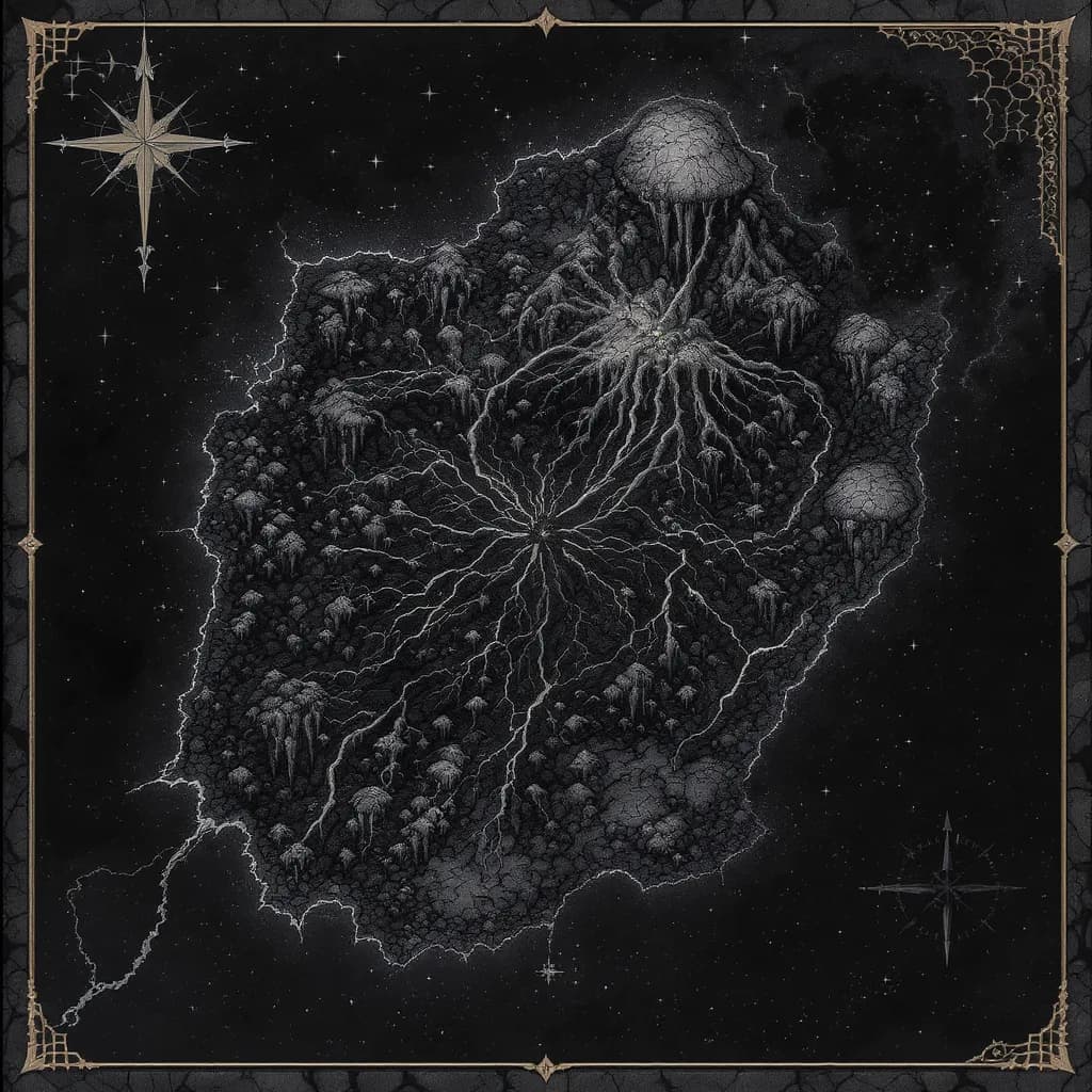 An AI-generated world map in Axiom Realms: a hand-inked continent of rivers, settlements, and wilds